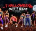 7 Halloween outfit ideas banner featuring models in athletic activewear, leggings, sports bras, and tank tops in spooky Halloween costumes