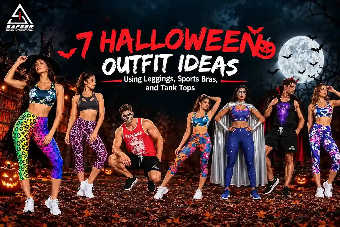 7 Halloween outfit ideas banner featuring models in athletic activewear, leggings, sports bras, and tank tops in spooky Halloween costumes