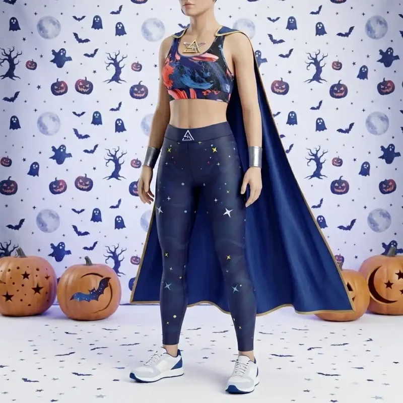 Superhero Halloween outfit with leggings and sports bra